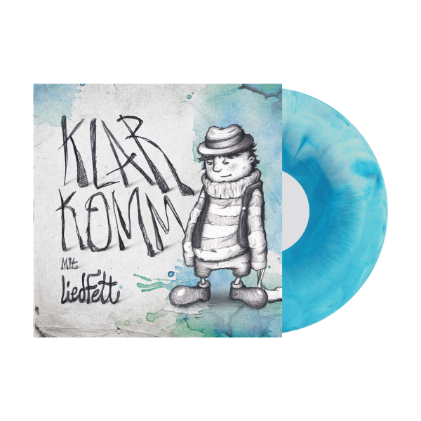 Das Bild zeigt ein Vinyl-Album mit türkis marmorierter Schallplatte. Auf dem Cover steht „KLAR KOMM mit Liedfett“ und eine gezeichnete Figur mit Hut, gestreiftem Pullover und Mantel ist abgebildet, umgeben von blauen Aquarellflecken.