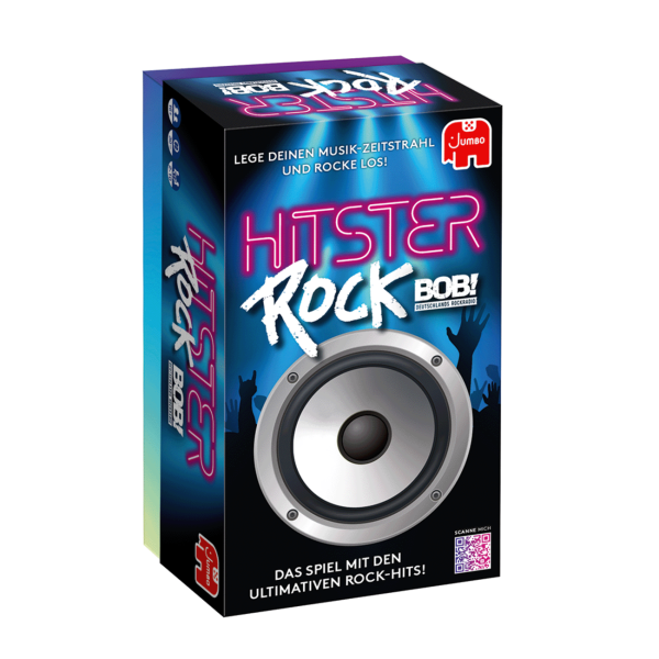 Verpackung des Spiels „Hitster Rock“ mit Lautsprecherbild, Neon-Schriftzug und dem Zusatz „Das Spiel mit den ultimativen Rock-Hits!“. Oben steht: „Lege deinen Musik-Zeitstrahl und rocke los!“. Marke: Jumbo, mit BOB! Logo.