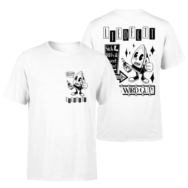Das Bild zeigt ein weißes T-Shirt von vorne und hinten mit schwarzem Cartoon-Druck. Vorne ist Cartoon-Bügeleisen mit Flasche, „Liedfett“ und „Alles wird gut!“. Hinten steht zusätzlich: „Sick Riffs & Sweet Melos!“ und erneut „Alles wird gut!“.