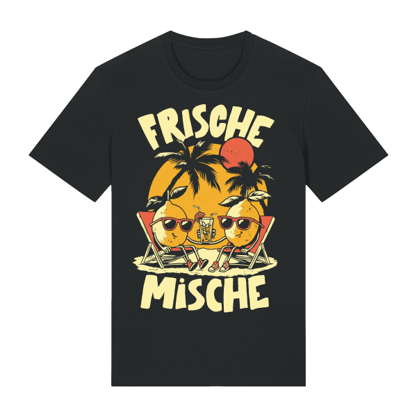 Das Bild zeigt ein schwarzes T-Shirt mit einem sommerlichen Design: Zwei gezeichnete Zitronen mit Sonnenbrillen sitzen in Liegestühlen vor einer Sonne mit Palmen. Darüber steht „FRISCHE“, darunter „MISCHE“.