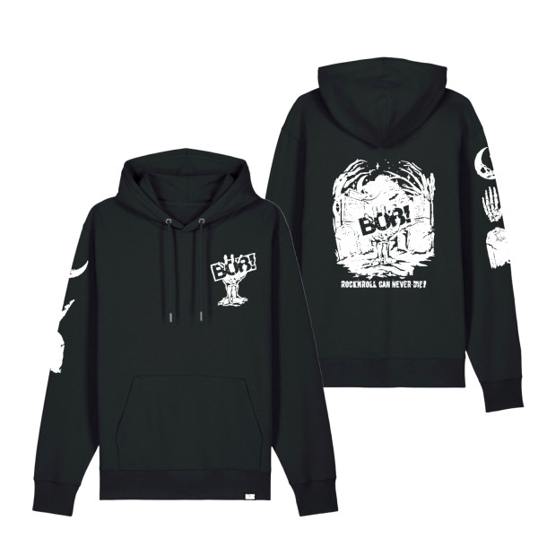 Das Bild zeigt einen schwarzen Hoodie mit weissem Aufdruck. Die Vorderseite zeigt eine Hand mit „BOB!“ Schriftzug, die Rückseite eine Grabstein-Grafik mit „BOB!“ und dem Text „ROCK'N'ROLL CAN NEVER DIE!“. Auch der rechte Ärmel ist bedruckt.