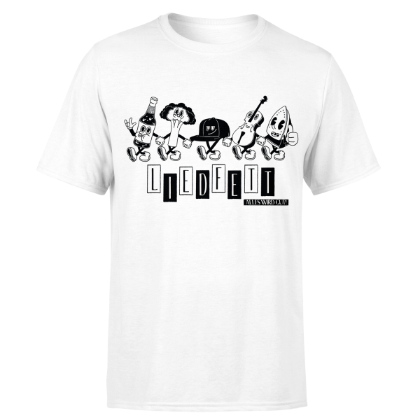 Das Bild zeigt ein weißes T-Shirt mit einer Grafik von fünf Comicfiguren. Eine Flasche, Brokkoli, Kappe, Cello und Bügeleisen. Darunter ein Schriftzug „LIEDFETT“ sowie „ALLES WIRD GUT“.